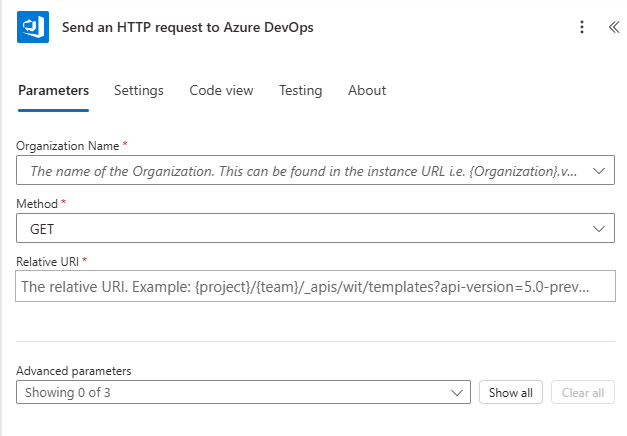 Add an action “Send an HTTP request to Azure DevOps”