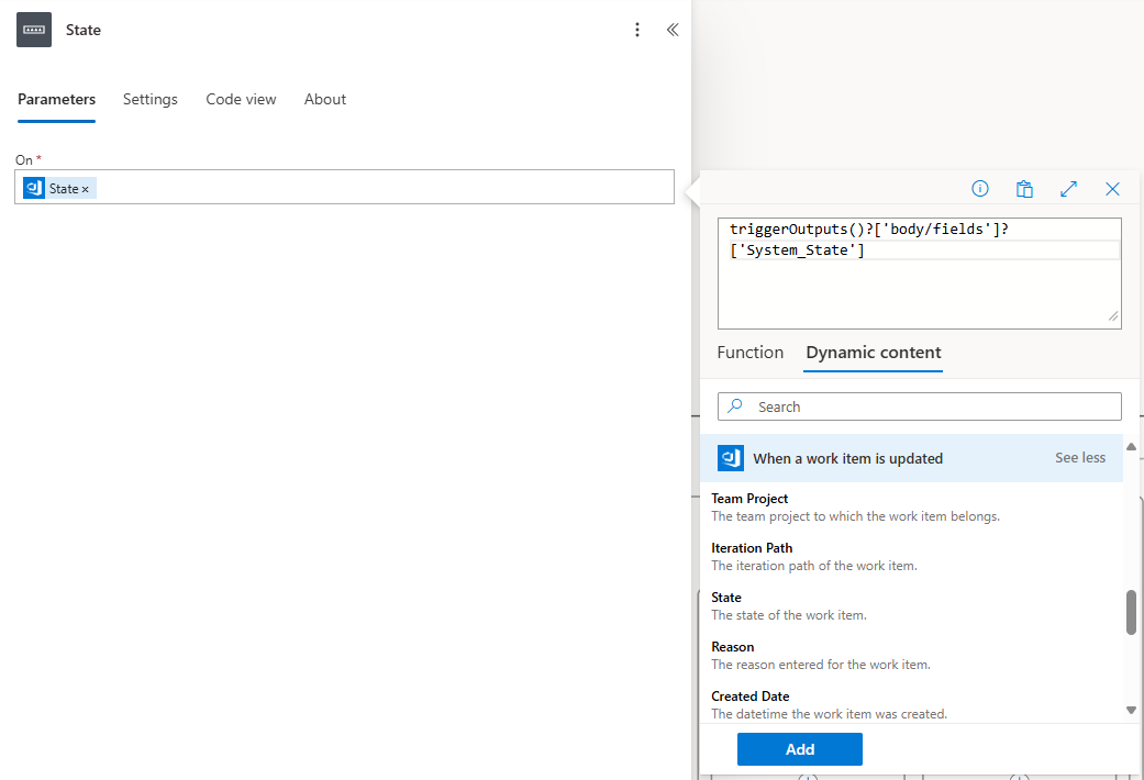Add a new Switch action and set the Work item state as the input